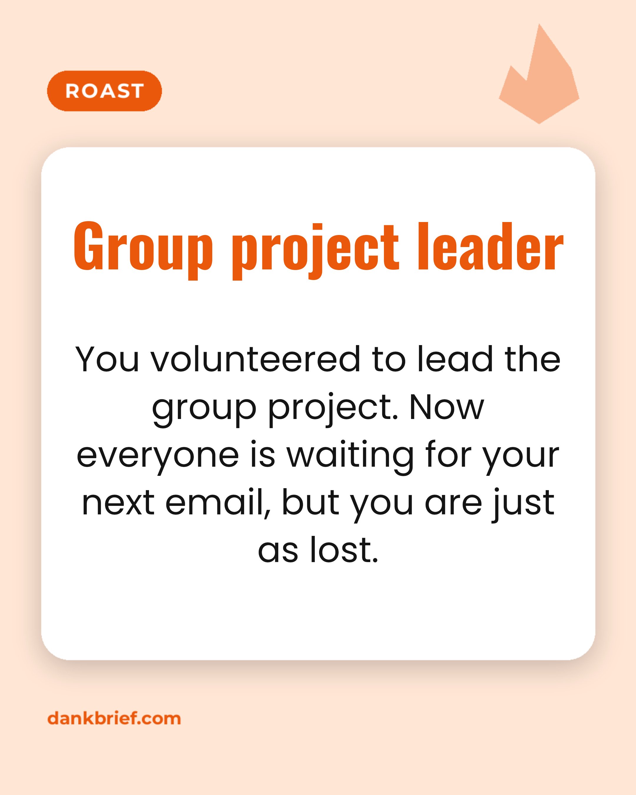 Group project leader / You volunteered to lead the group project. Now everyone is waiting for your next email, but you are just as lost.