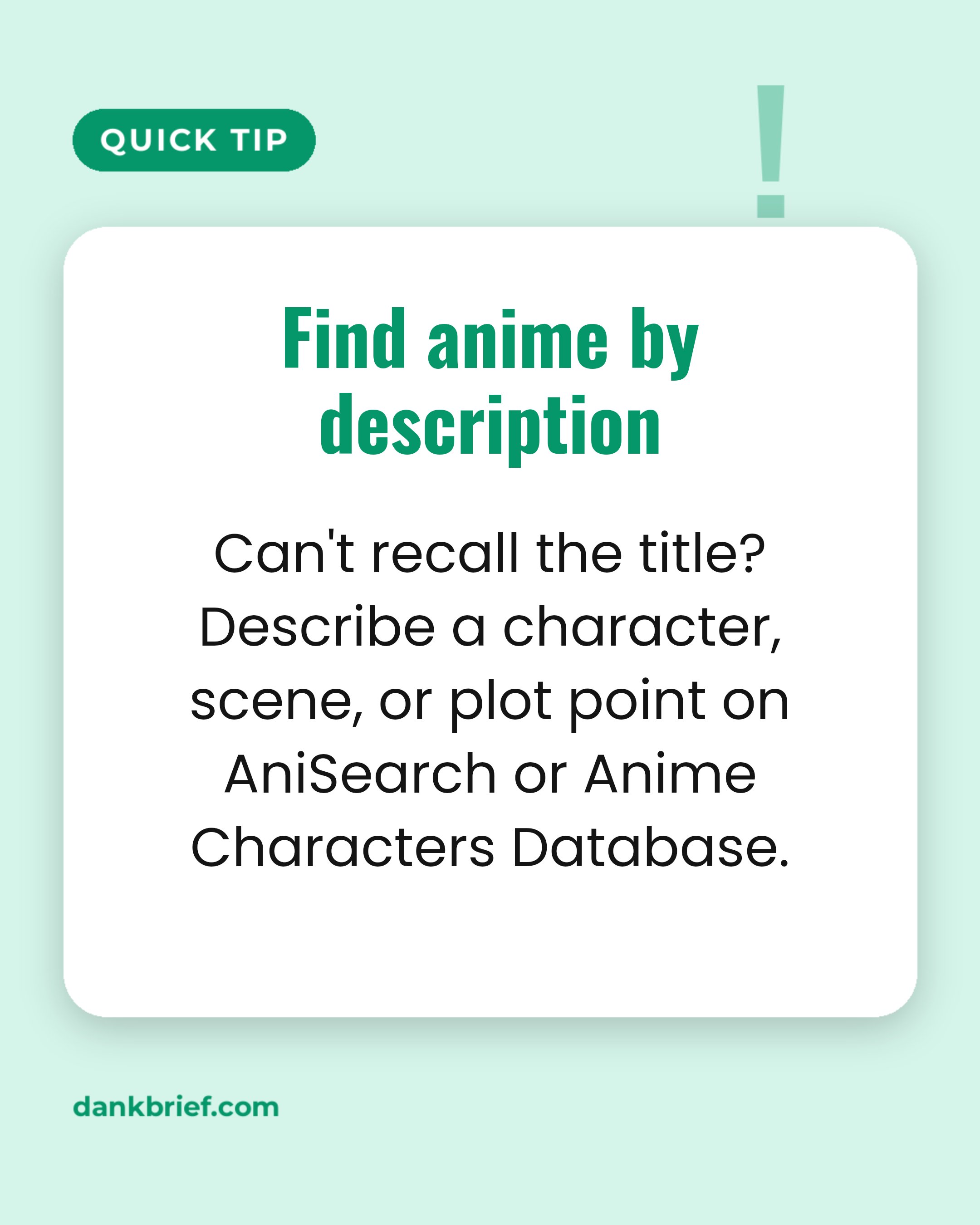 Find anime by description / Can't recall the title? Describe a character, scene, or plot point on AniSearch or Anime Characters Database.