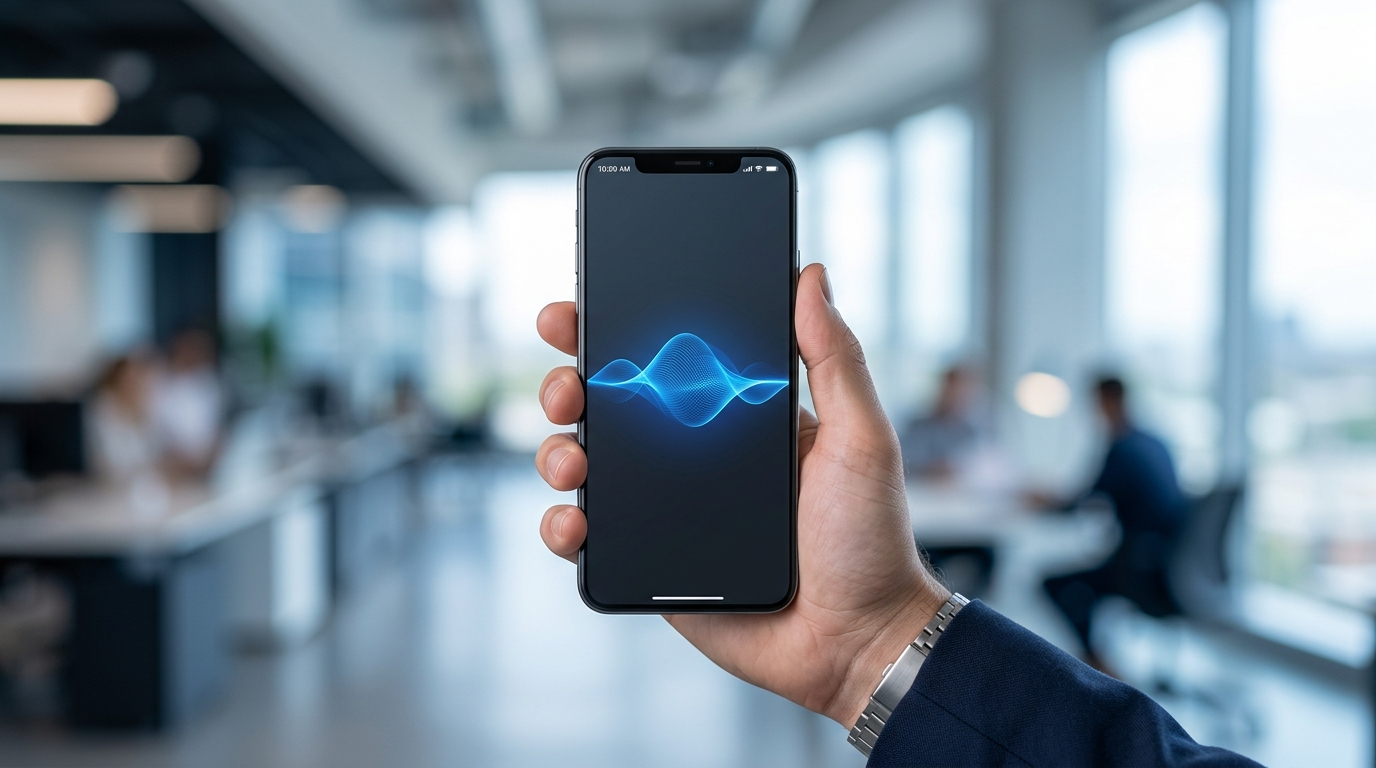 A sleek, minimalist smartphone held in a hand with a subtle digital blue wave icon on the screen, re