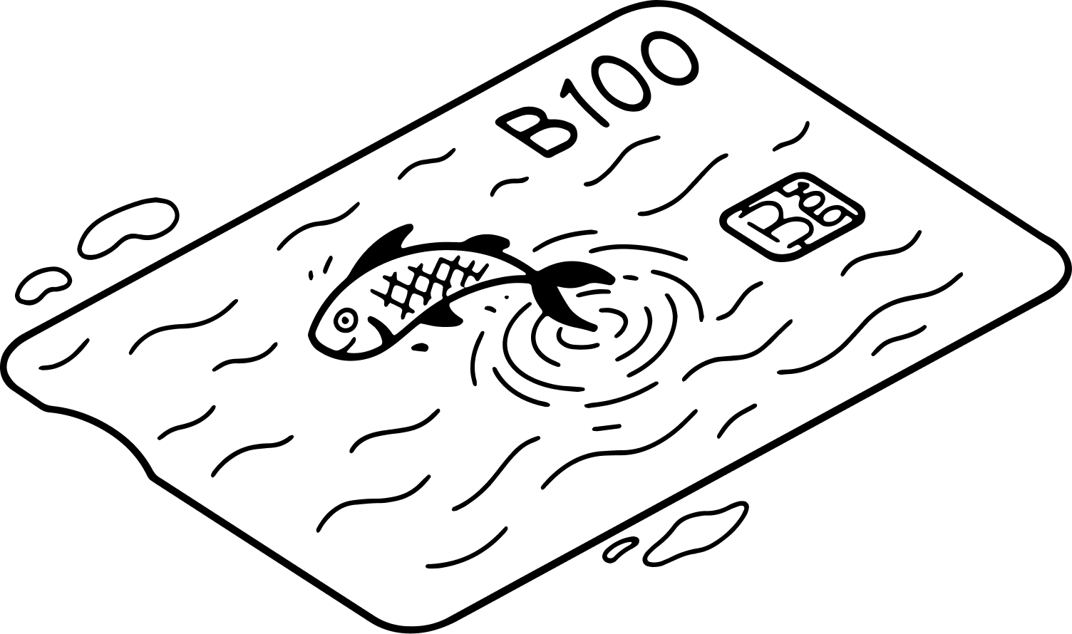 Ilustración de la tarjeta de crédito de B100 con un pez saltando sobre su superficie como si fuera una pecera con agua