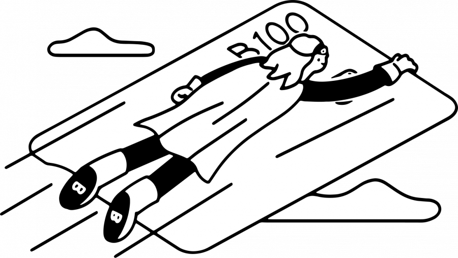 Ilustración de un superhéroe con capa volando sobre la tarjeta de crédito B100