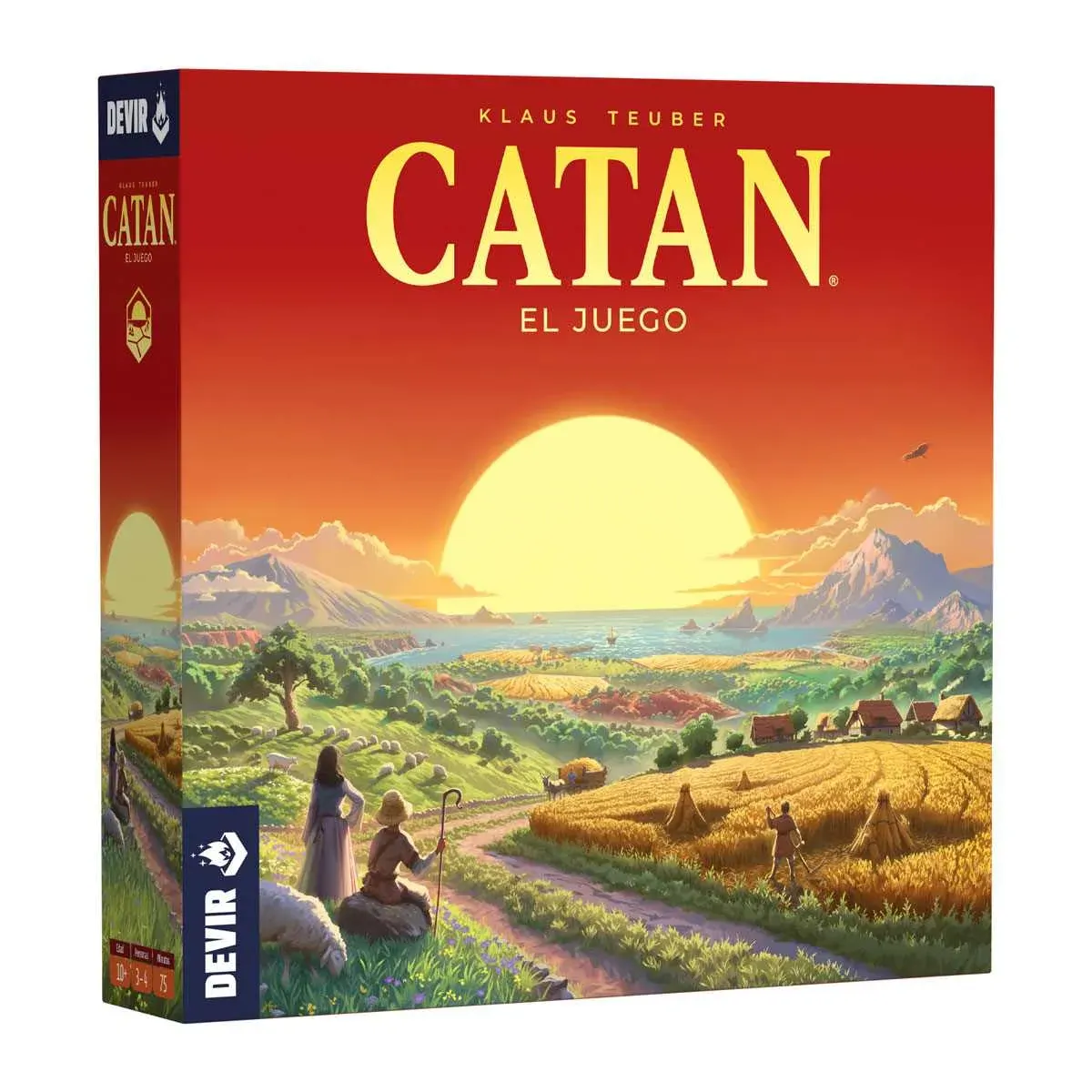 Caja del juego de mesa Catan: El Juego, de Klaus Teuber, con un paisaje de campos de cultivo al atardecer