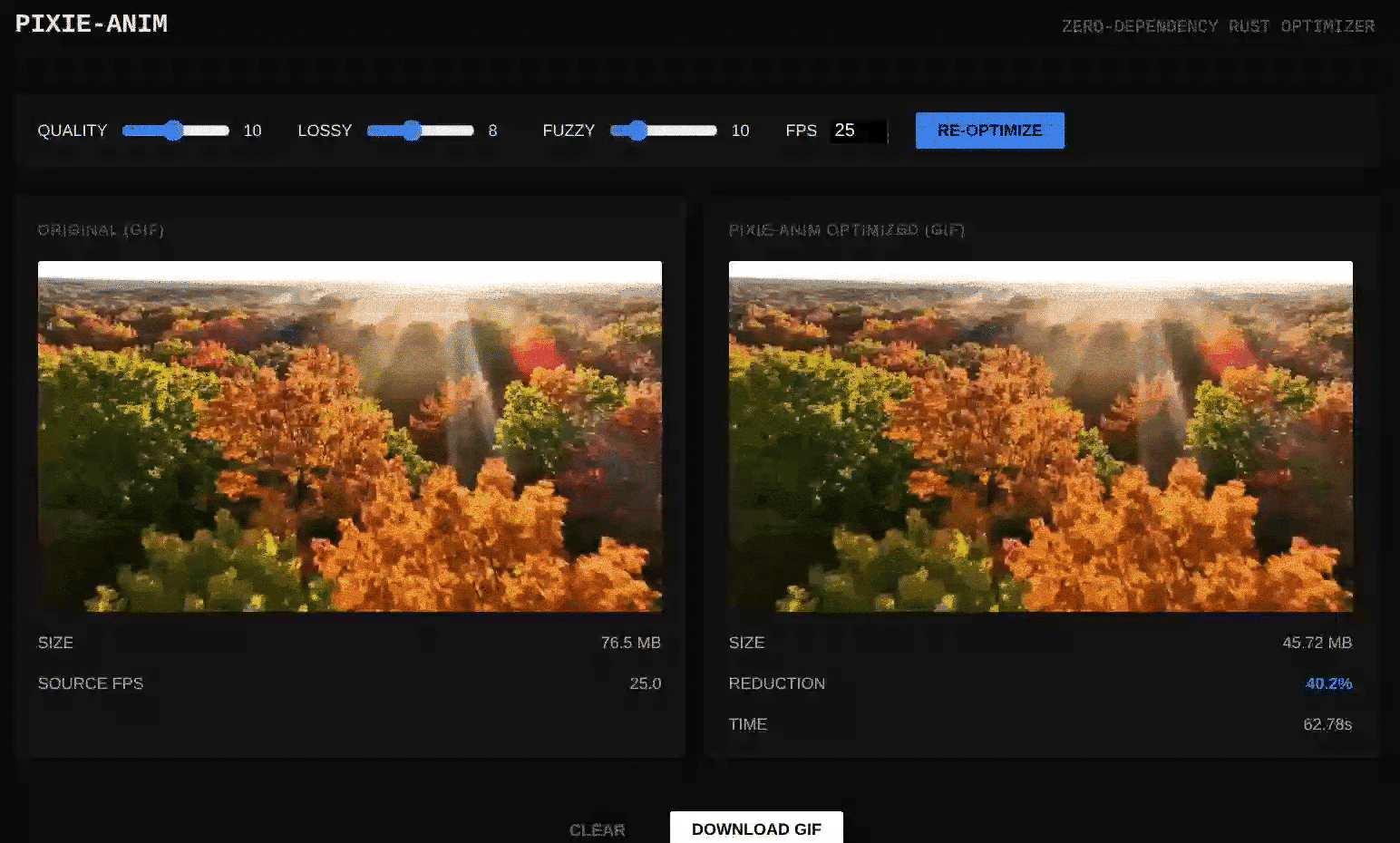 Interface of the PIXIE-ANIM tool comparing an original 76.5 MB GIF with an optimized 45.72 MB version, showing a 40.2% file size reduction.