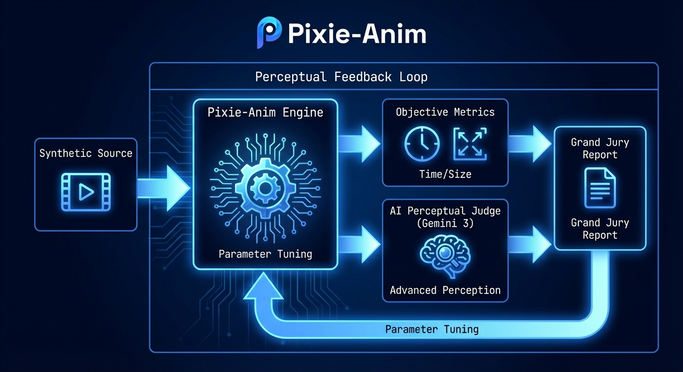 Technical diagram of the Pixie-Anim Perceptual Feedback Loop: a synthetic source feeds into an engine that outputs objective metrics and AI perceptual evaluations (Gemini 3) into a Grand Jury Report, which loops back for parameter tuning.