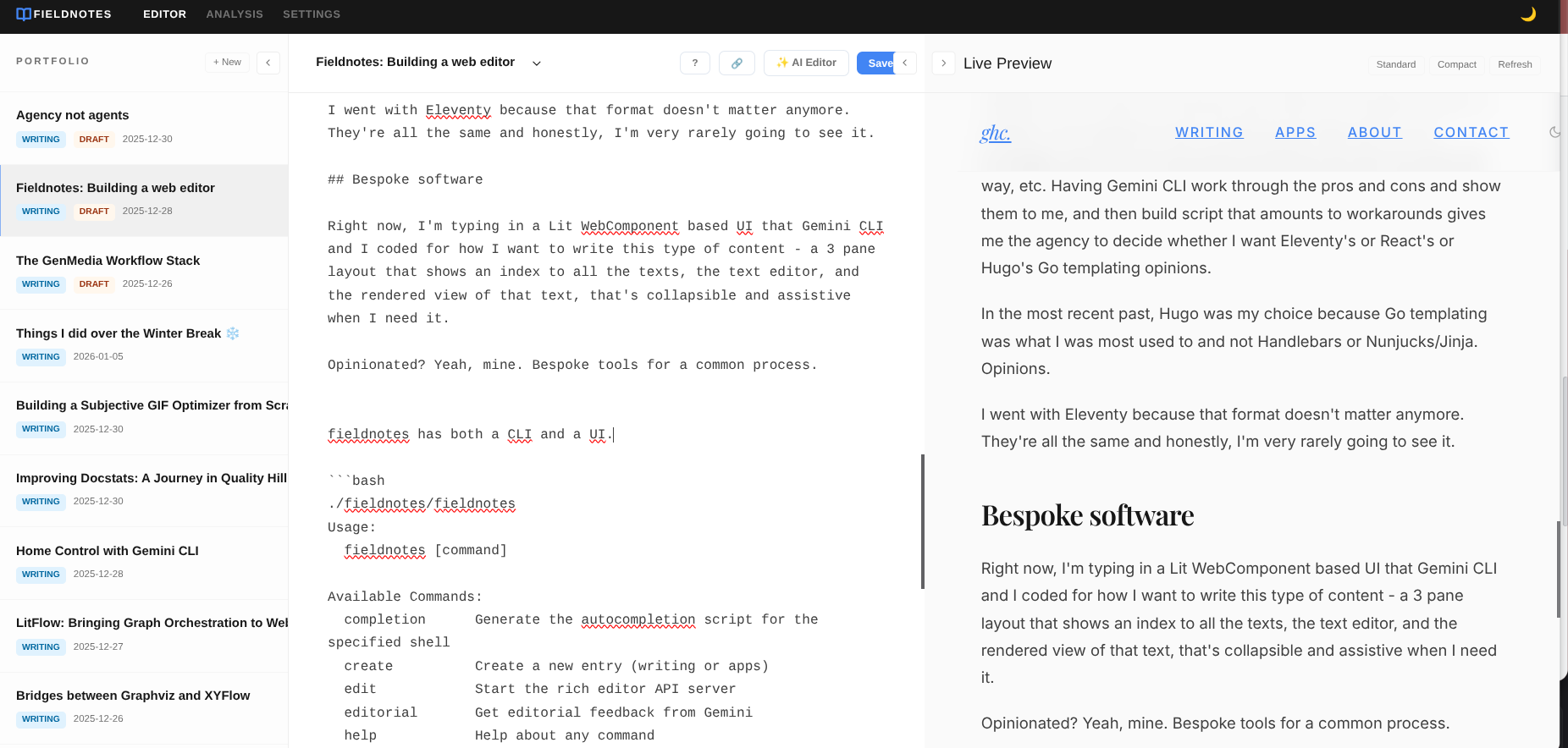 Screenshot of the Fieldnotes web editor interface, featuring a three-pane layout with a document sidebar, a central markdown editor, and a live rendered preview.