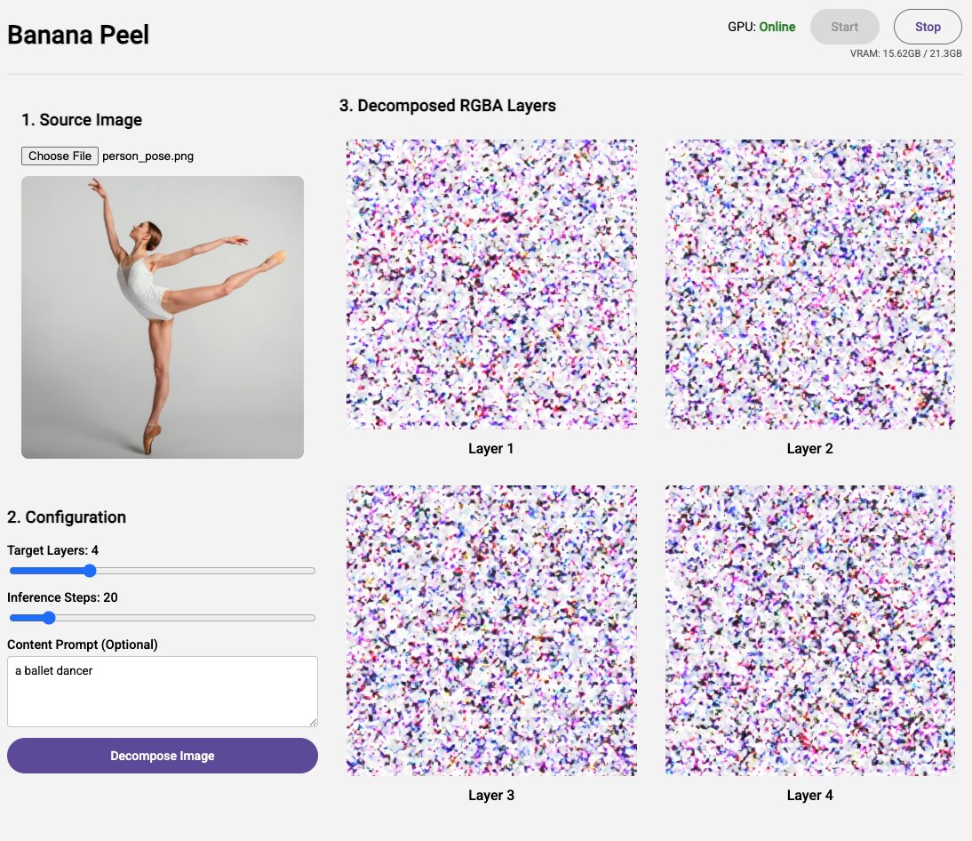 Interface for the "Banana Peel" image decomposition tool, featuring a source photo of a ballet dancer, configuration sliders for target layers and inference steps, and four resulting noisy "Decomposed RGBA Layers."