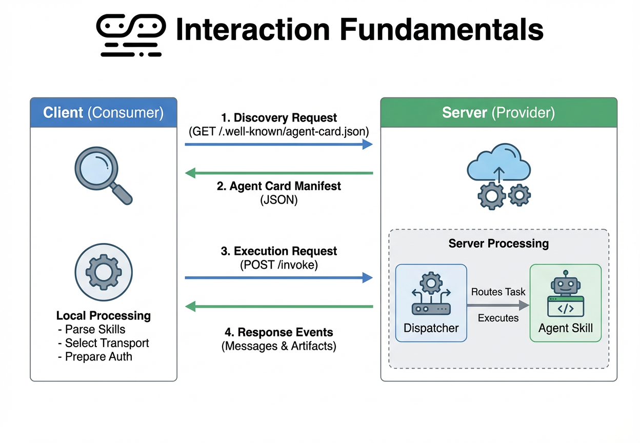 A technical diagram titled "Interaction Fundamentals" illustrating a four-step interaction between a Client (Consumer) and a Server (Provider): 1. Discovery Request, 2. Agent Card Manifest, 3. Execution Request, and 4. Response Events. It details local processing on the client and server-side processing where a dispatcher routes tasks to an agent skill.