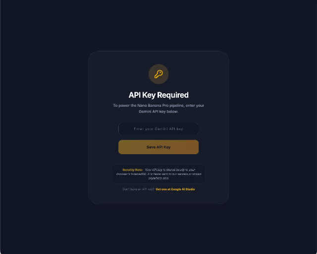 A modal interface titled "API Key Required" for the Nano Banana Pro pipeline, featuring a text input for a Gemini API key, a "Save API Key" button, and a security note about local IndexedDB storage.