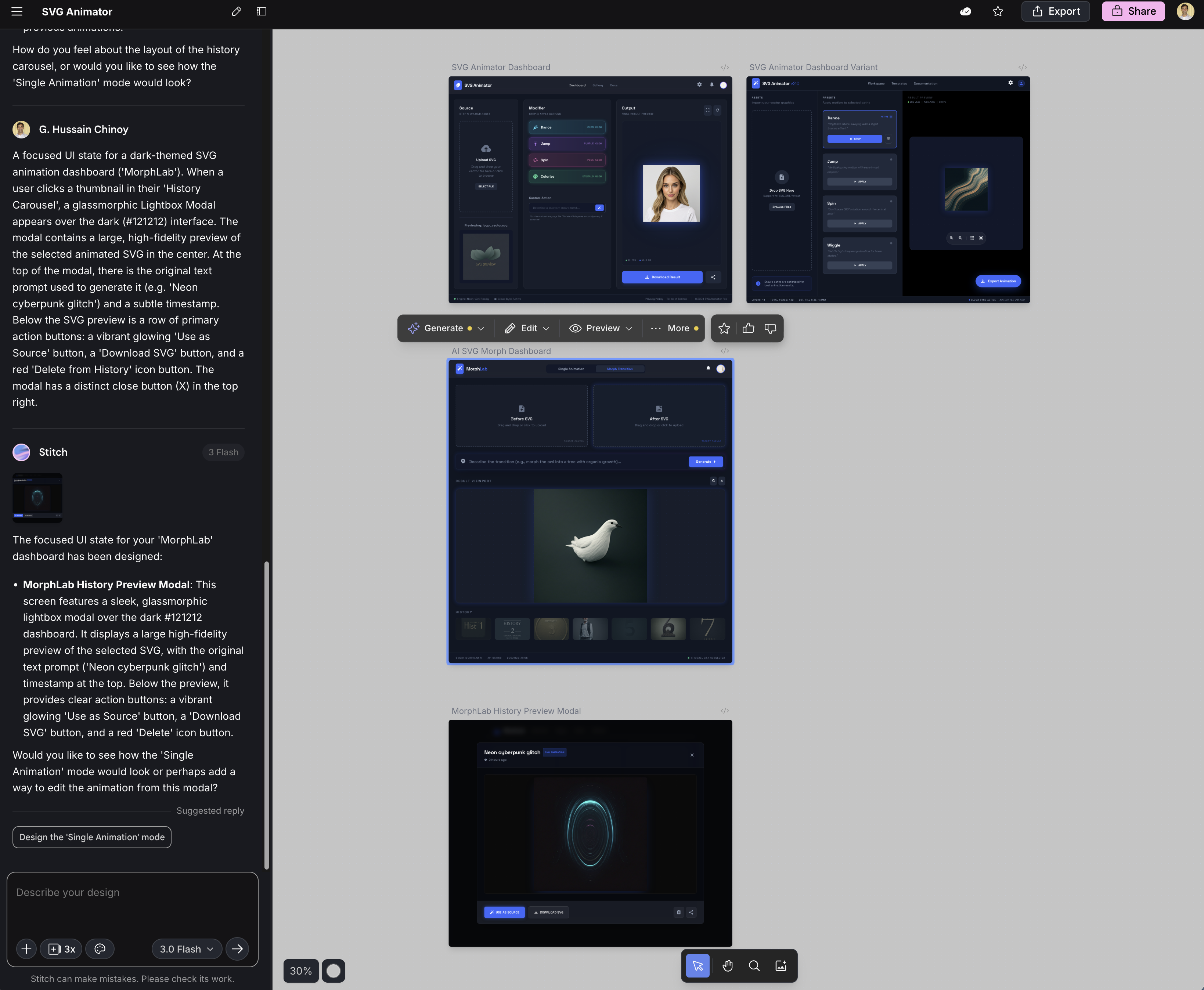 Screenshot of an AI UI design workspace. The left panel shows a chat interface where a user prompts an AI assistant to design a dark-themed glassmorphic modal for an SVG animation dashboard. The right canvas displays four generated UI mockups based on the prompts, featuring various dashboard layouts and the requested history preview modal at the bottom.