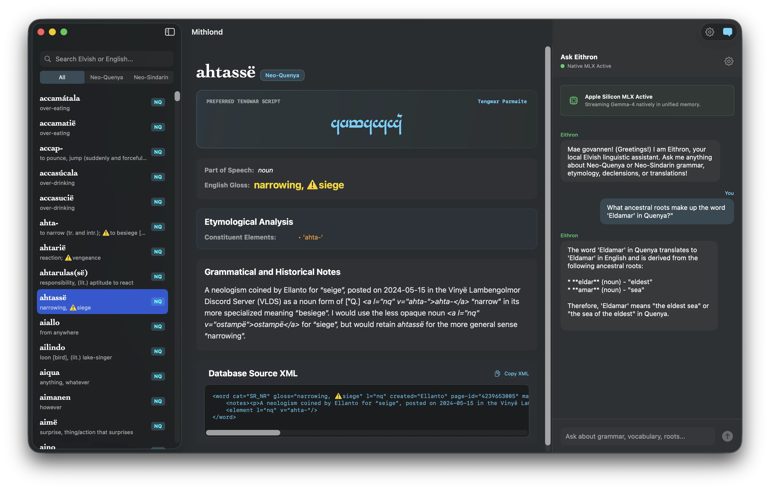 Screenshot of a dark-mode desktop application for Elvish linguistics. The three-pane interface features a searchable word list on the left, detailed dictionary entry data including Tengwar script and raw XML source code in the center, and a local AI chat assistant powered by Apple Silicon MLX answering an etymology question on the right.
