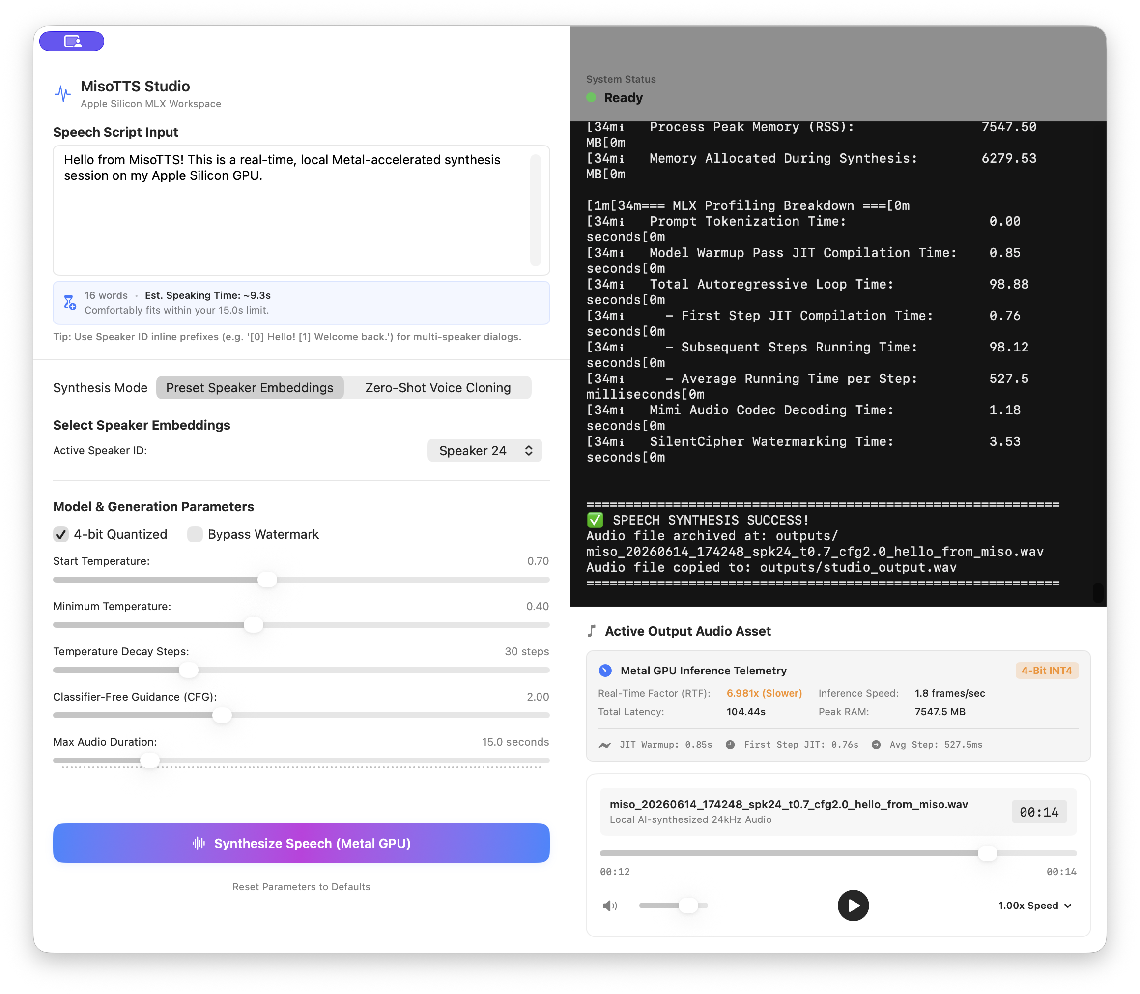 User interface of MisoTTS Studio showing a completed text-to-speech generation. The left panel displays the input script, 'Speaker 24' selection, and model parameters set to 4-bit quantized. The right panel features a terminal output detailing MLX profiling breakdowns and memory usage, followed by a successful audio playback widget accompanied by Metal GPU inference telemetry showing metrics like Real-Time Factor, total latency, and peak RAM.