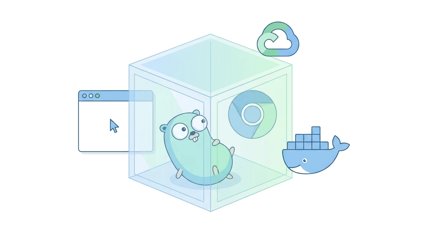 Illustration of the Go gopher mascot inside a transparent cube, surrounded by icons representing a web browser, Google Chrome, cloud services, and Docker.