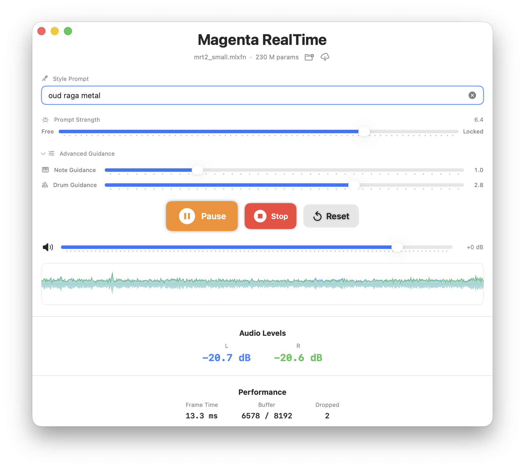 Screenshot of the Magenta RealTime user interface showing real-time AI audio generation with the style prompt "oud raga metal". The interface displays controls for Prompt Strength, Note Guidance, and Drum Guidance, playback buttons, an active waveform visualizer, stereo audio levels, and performance metrics.
