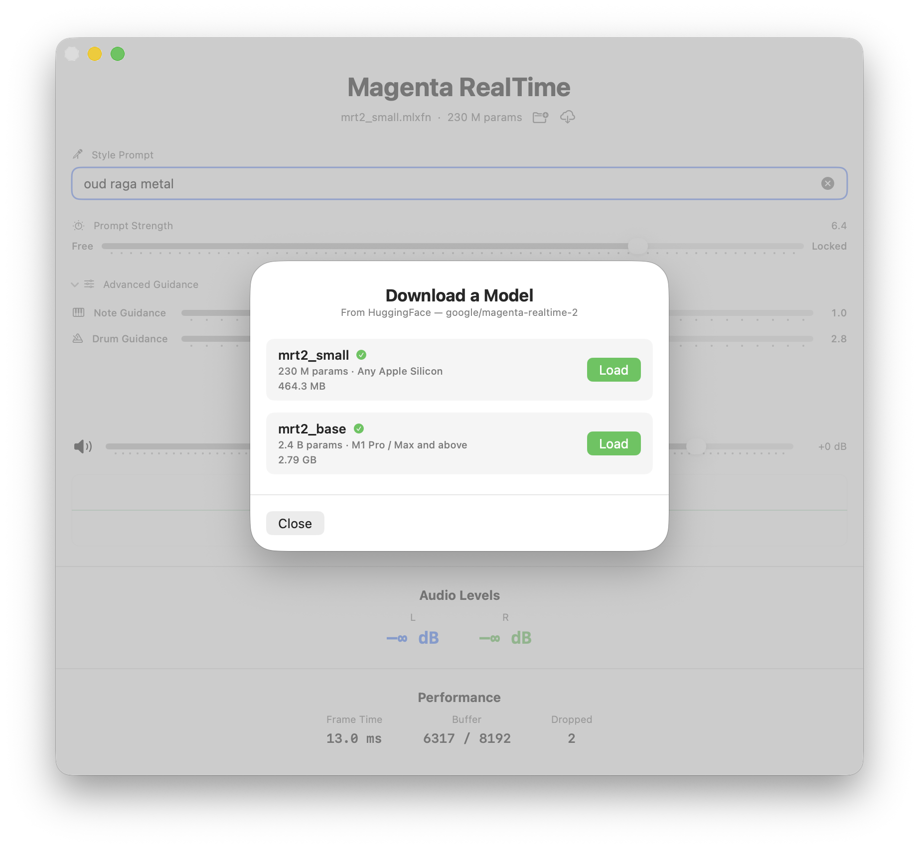 Screenshot of the Magenta RealTime desktop application showing a "Download a Model" modal popup in the foreground. The popup offers two model options from HuggingFace: "mrt2_small" (230 M parameters, 464.3 MB) and "mrt2_base" (2.4 B parameters, 2.79 GB), each with a green "Load" button.