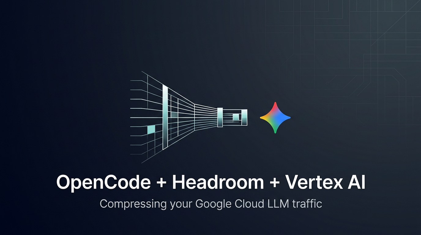 An abstract graphic representing data compression next to a colorful Google AI star, with text reading: "OpenCode + Headroom + Vertex AI: Compressing your Google Cloud LLM traffic."