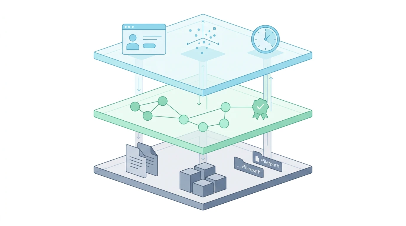 A minimal modern technical illustration showing three layered floating platforms on a clean white background representing the three planes of agent memory: Artifact at the base, Graph in the middle, and Runtime at the top.
