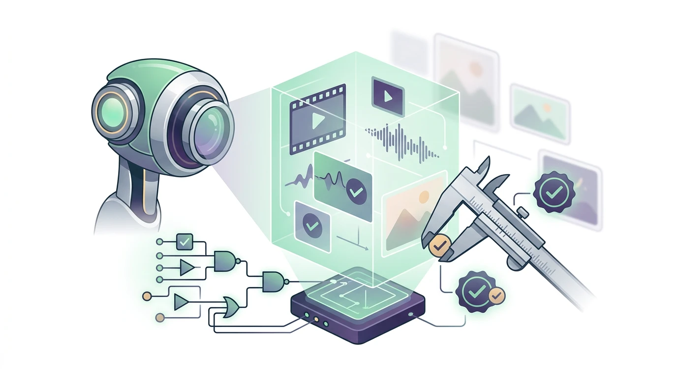 Illustration of a digital inspection lens analyzing holographic generative media tool choreography with structural evaluation nodes on a clean white background.