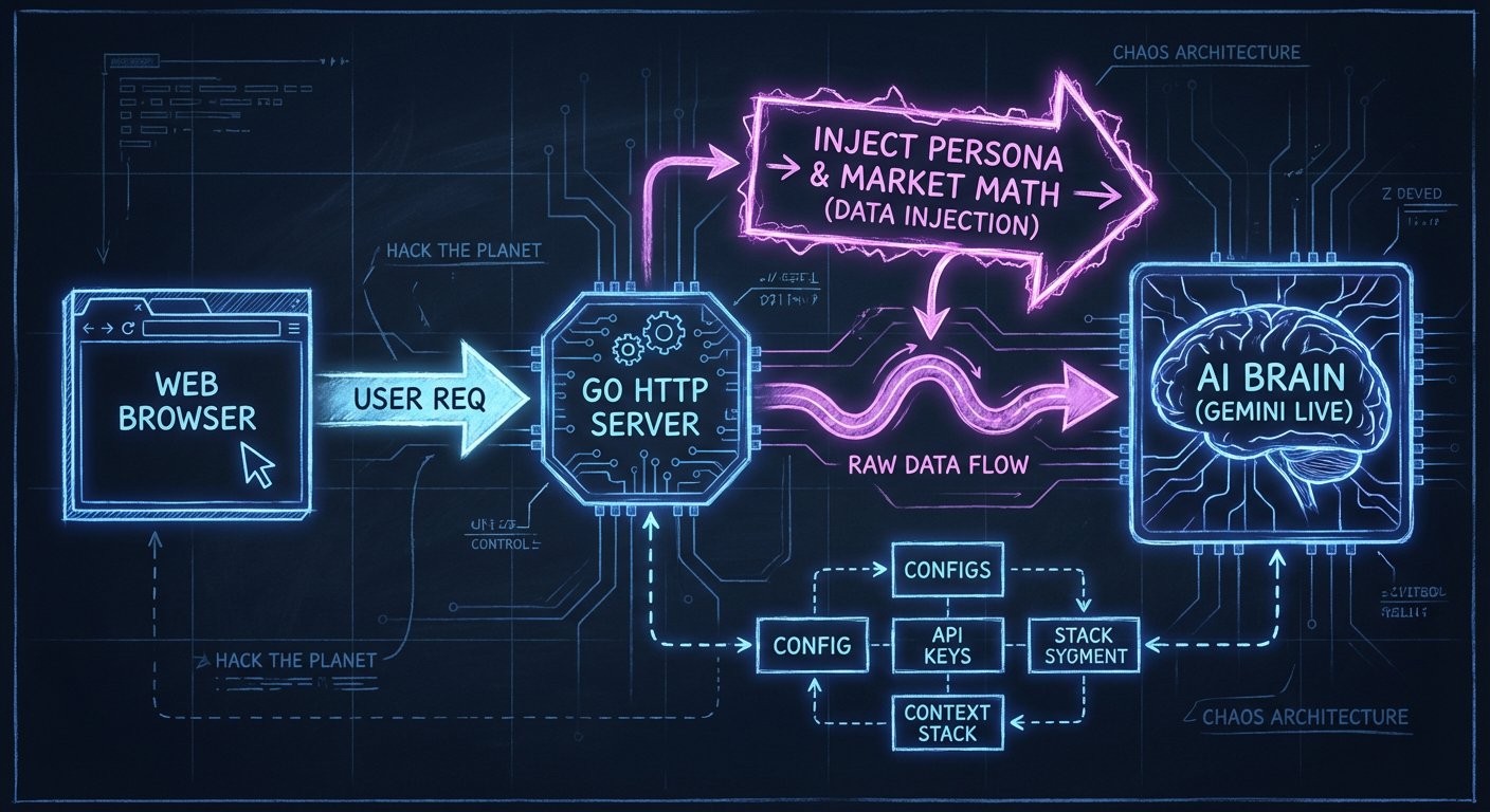 Neon architecture diagram showing a Web Browser sending a 'USER REQ' to a 'GO HTTP SERVER', which passes a 'RAW DATA FLOW' to an 'AI BRAIN (GEMINI LIVE)'. A pink arrow labeled 'INJECT PERSONA & MARKET MATH (DATA INJECTION)' intercepts this flow. A lower section shows 'CONFIGS', 'API KEYS', and 'CONTEXT STACK' feeding into the server and AI brain via dashed lines.