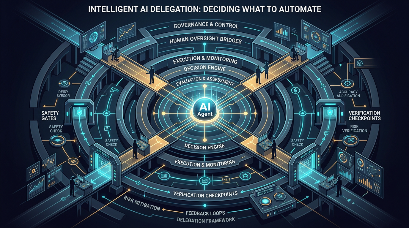 An abstract architectural visualization of AI delegation governance: concentric rings, structured safety gates, verification checkpoints, and human oversight bridges in a dark modern palette.