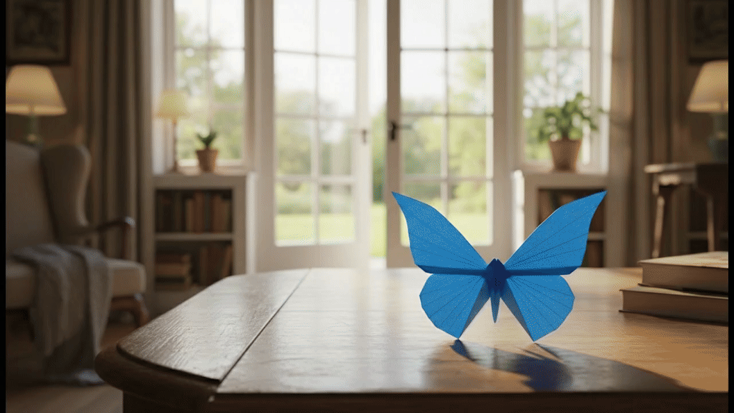 Ein Origami-Schmetterling schlägt mit den Flügeln und fliegt durch die Terrassentür in den Garten.