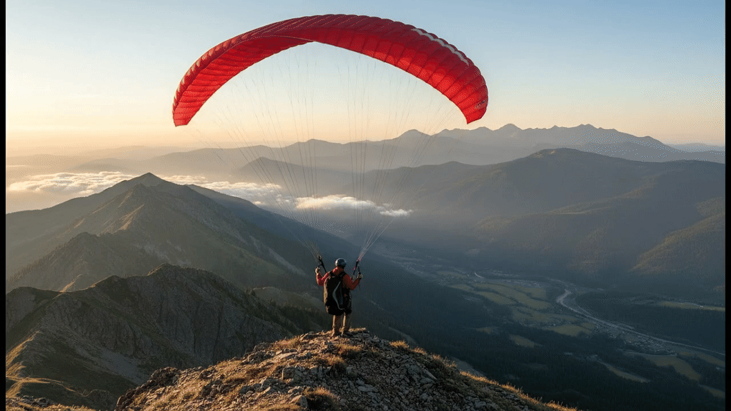 Ein Gleitschirmflieger startet von einem Berggipfel