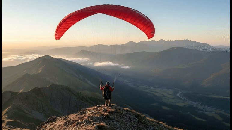 Ein Gleitschirmflieger startet von einem Berggipfel und sinkt dann langsam ab.