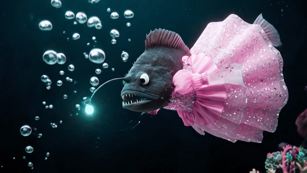 Ein Anglerfisch in einem Prinzessinnenkostüm