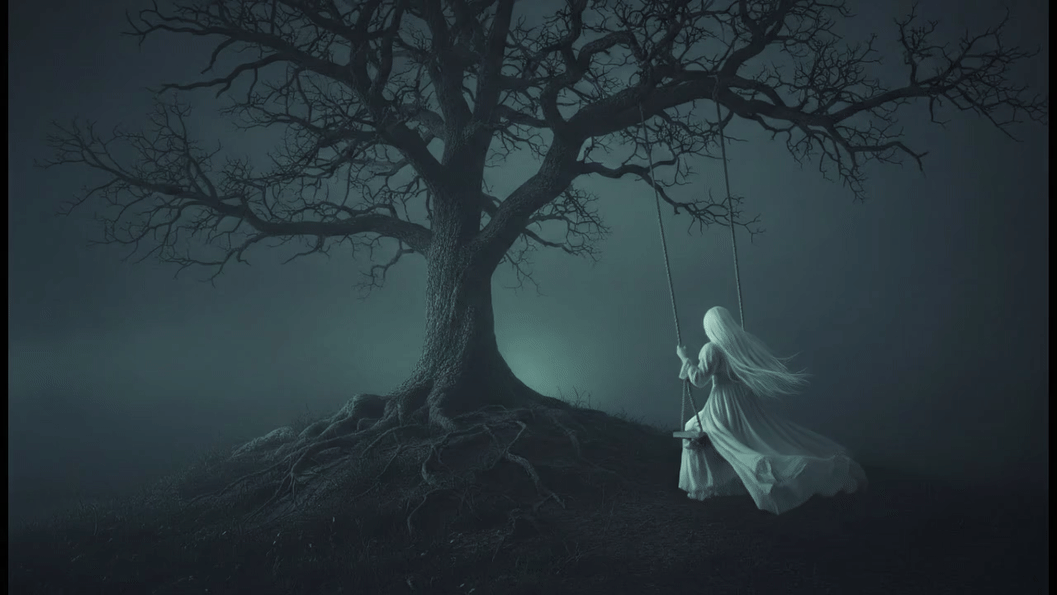 Ein kinoreifes, eindringliches Video einer unheimlichen Frau, die im Nebel von einer Schaukel verschwindet