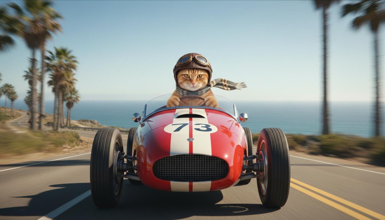 Eine rote Katze, die einen roten Cabrio-Rennwagen fährt