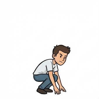 Animated loop of the same cartoon man crouching, springing, tucking in mid-air and landing