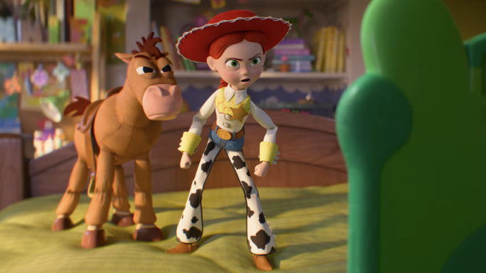 Bullseye and Jessie, voiced by Joan Cusack, confront the new tablet villain Lilypad voiced by Greta Lee in Toy Story 5