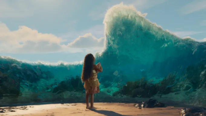 Catherine Laga'aia as Moana on the water in Disney's live-action Moana remake