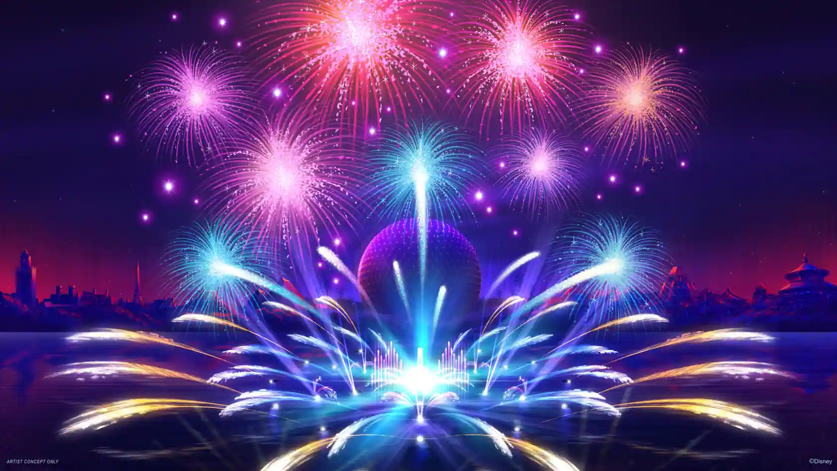 Disney's concept art for Luminous: The Symphony of Us, with fireworks and fountain jets over World Showcase Lagoon and Spaceship Earth behind them. The frame is marked as an artist concept.
