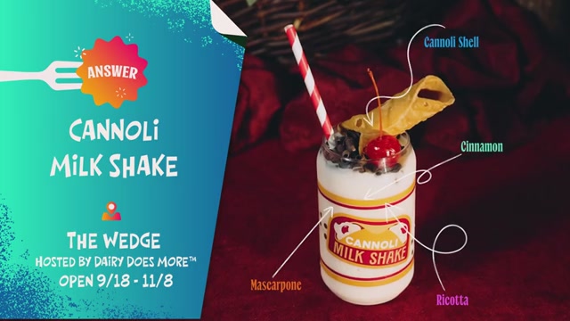 A cannoli milkshake is pictured with an overlay of text and arrows pointing to its ingredients.