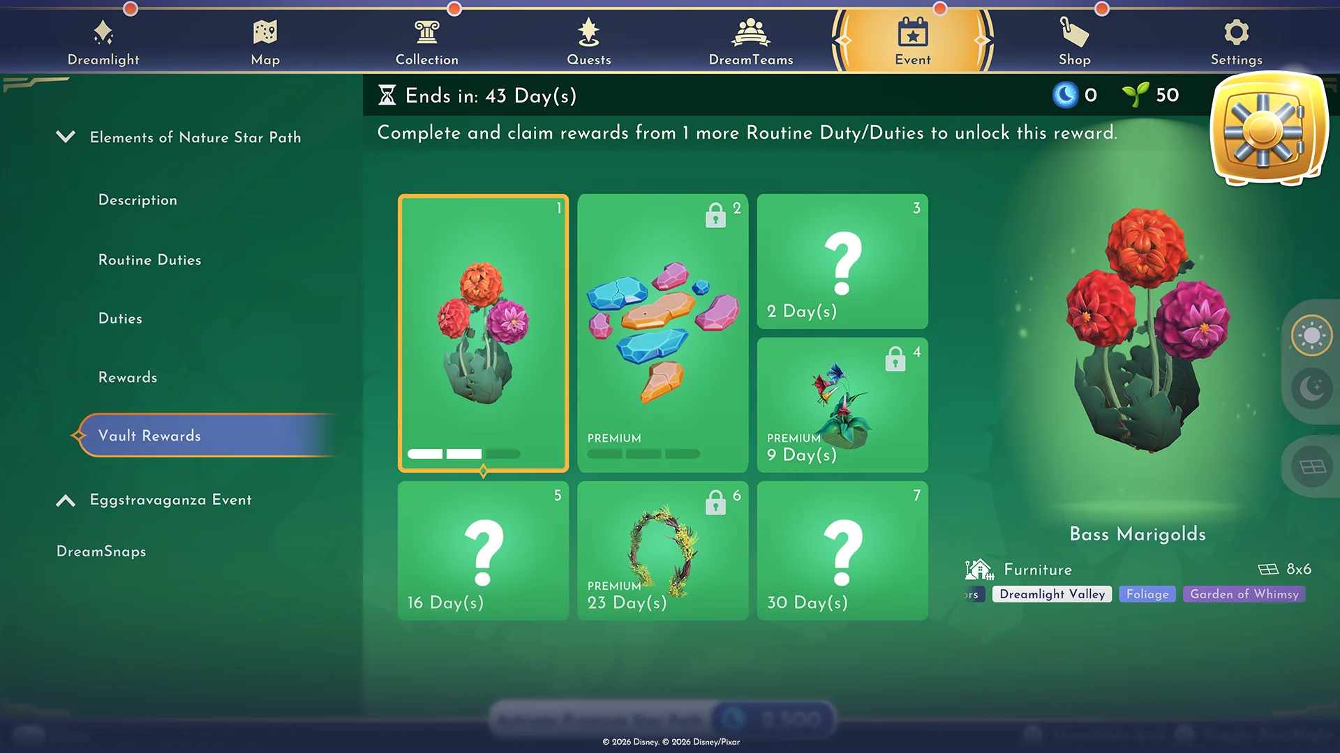 Disney Dreamlight Valley Star Path Vault rewards track preview showing unlockable items
