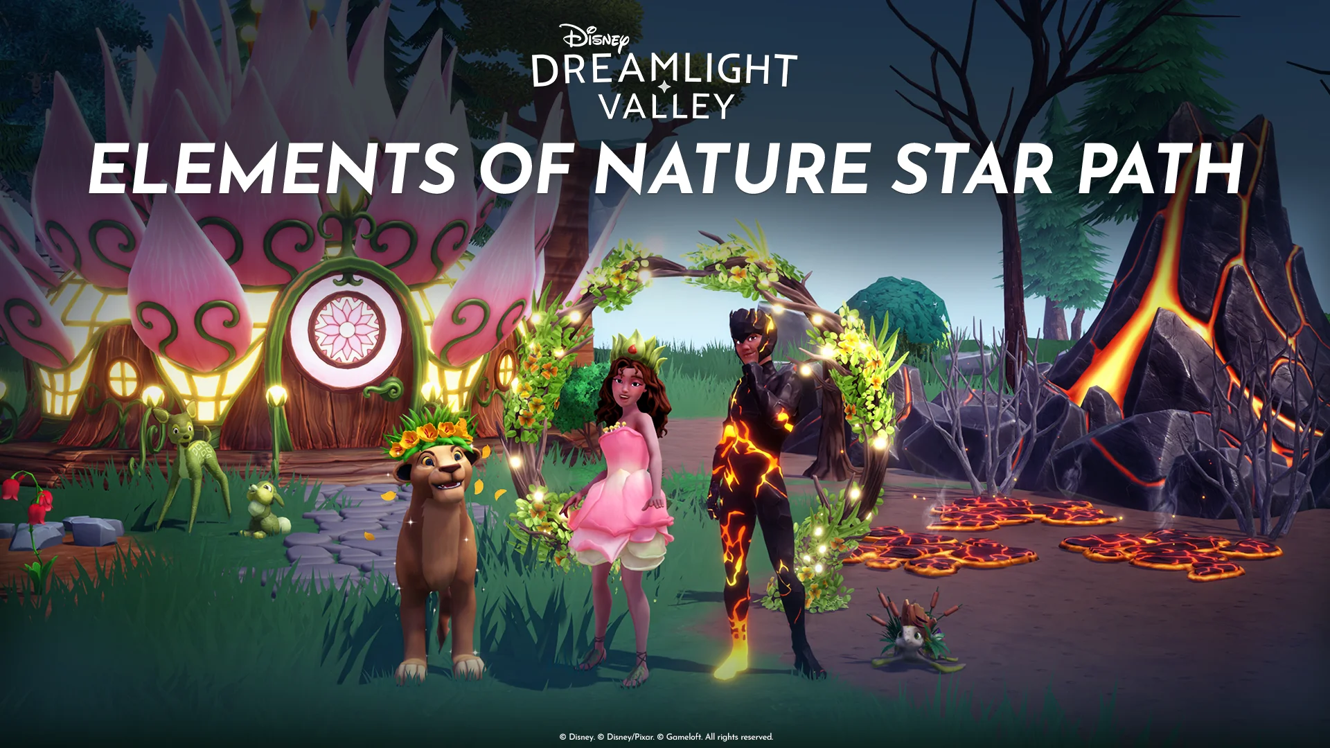 Disney Dreamlight Valley Elements of Nature Star Path banner featuring nature-inspired furniture and outfits