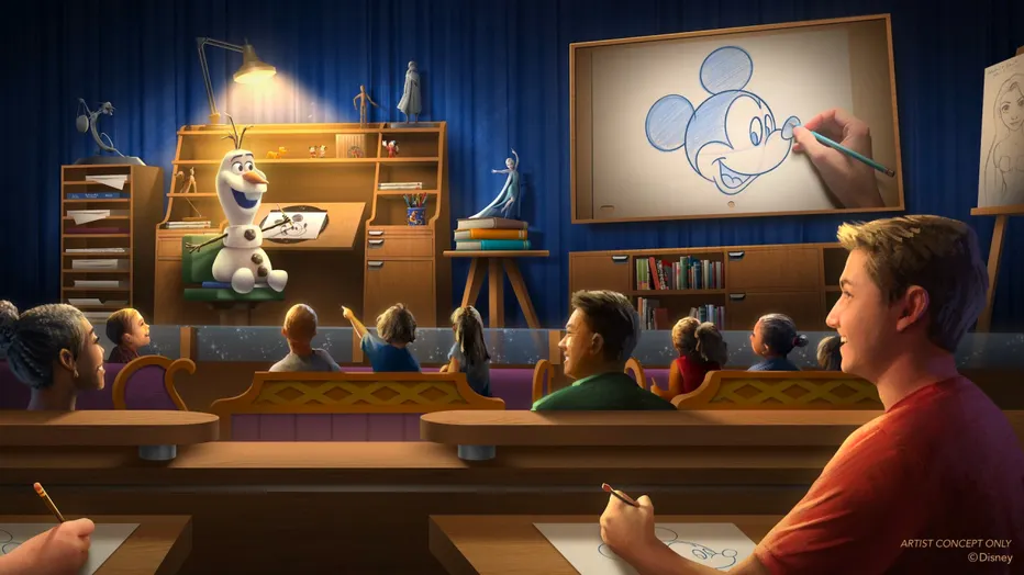 Olaf Draws concept art showing the animatronic Olaf hosting an Animation Academy drawing class at Disney's Hollywood Studios