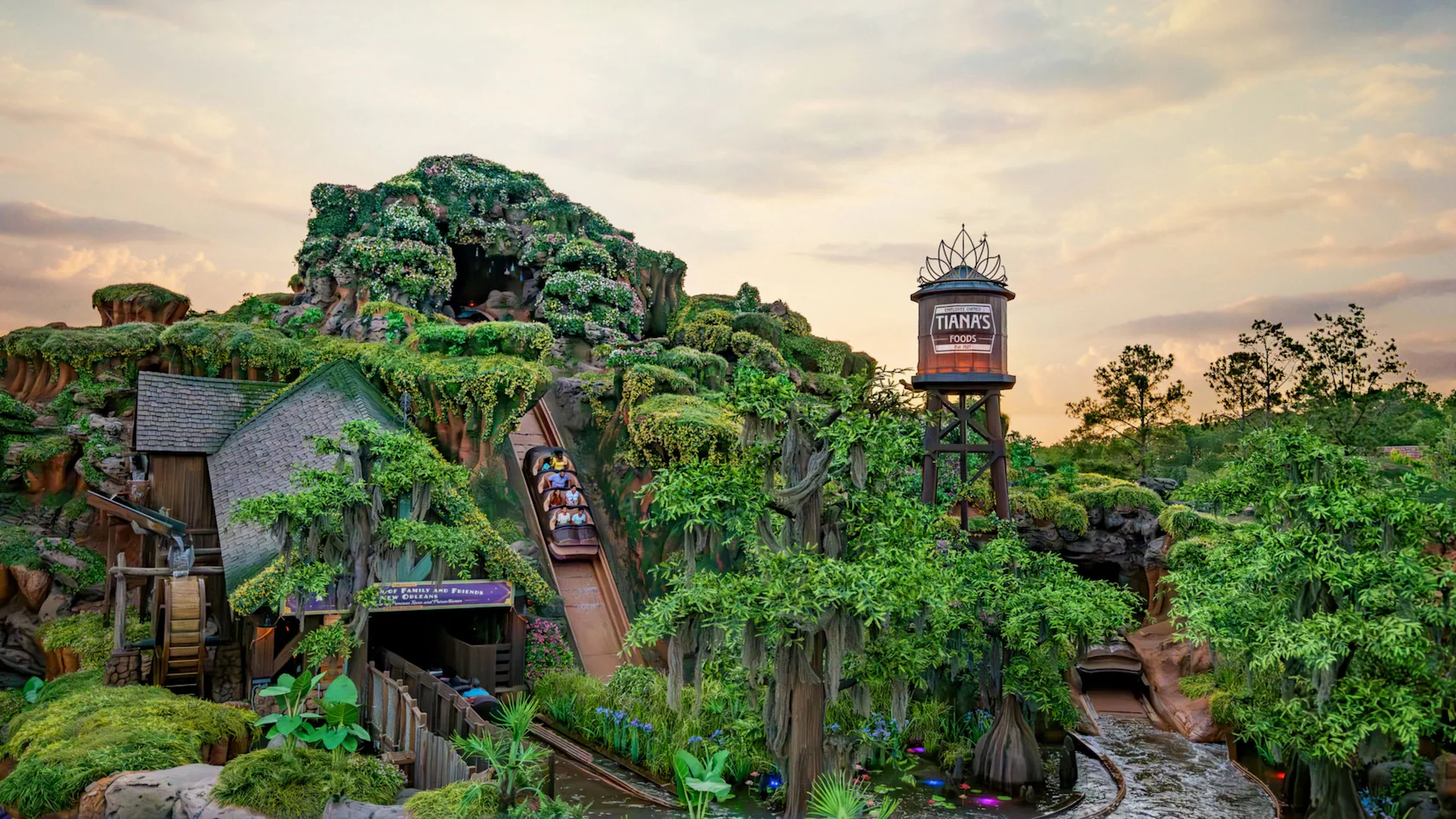 Tiana's Bayou Adventure at Magic Kingdom: a 50-foot drop, three bayou bands and Tiana's beignets nearby