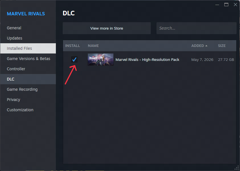 Steam DLC tab with Marvel Rivals High-Resolution Resource Pack checkbox enabled