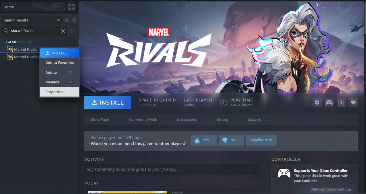 Steam Library showing Marvel Rivals right-click menu with Properties option highlighted