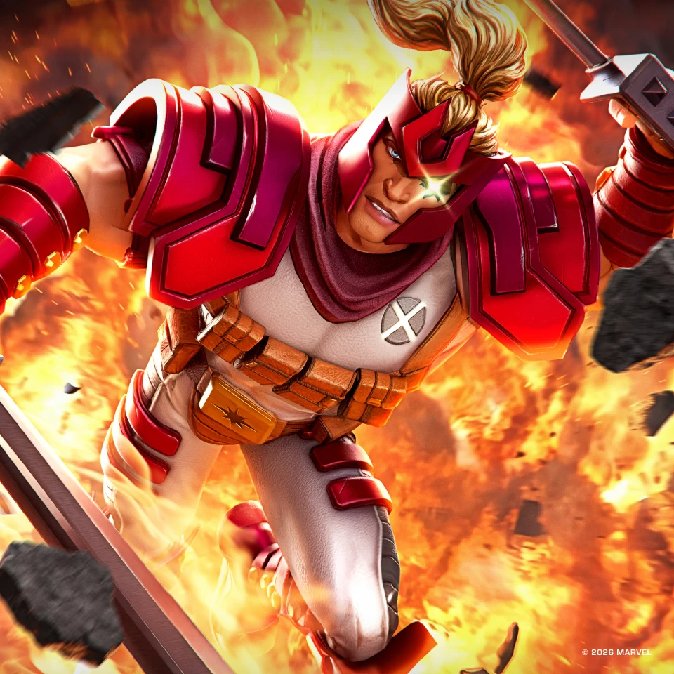 Shatterstar champion artwork for Marvel Contest of Champions, the dual-sword Mojoverse gladiator mutant