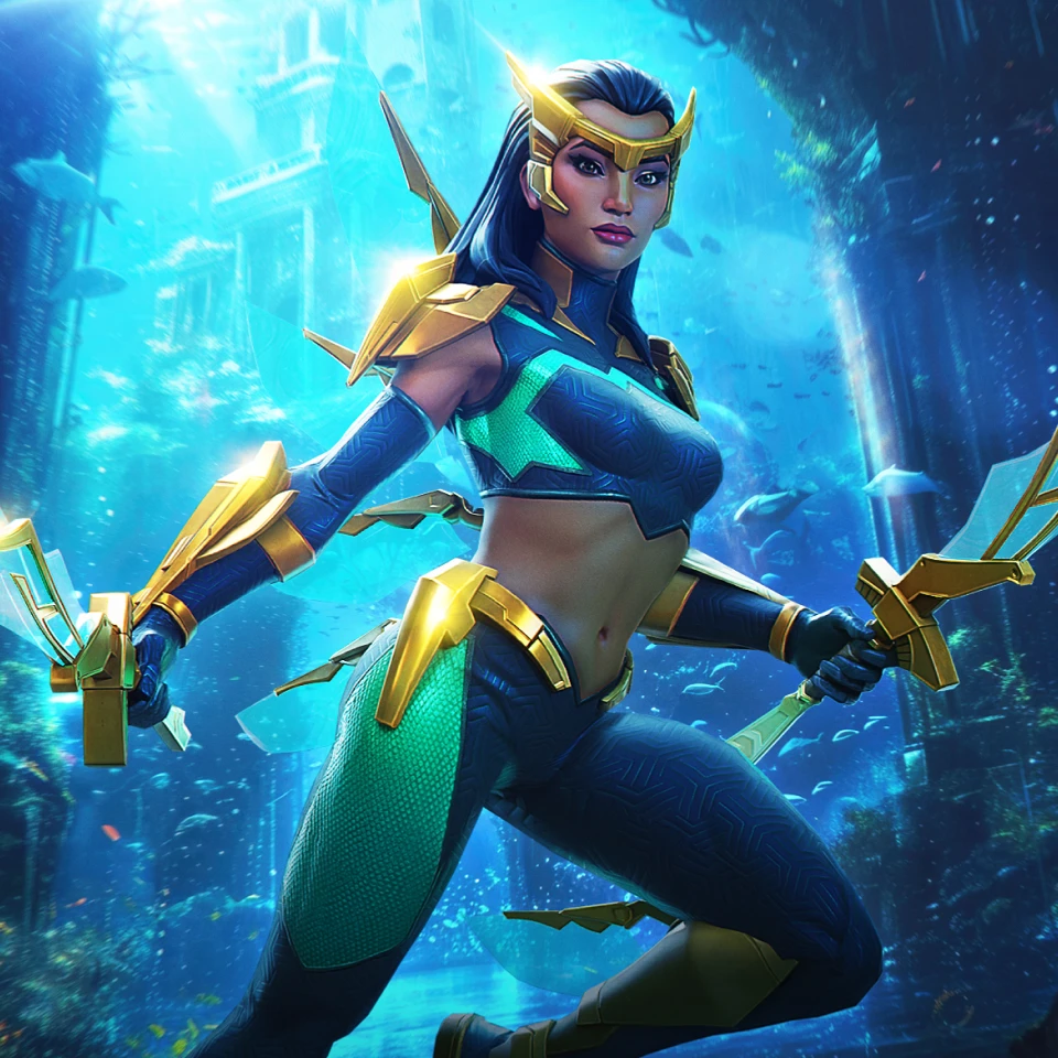 Marvel Contest of Champions Wave champion full body art showing Pearl Pangan in her blue and gold hydrokinetic suit