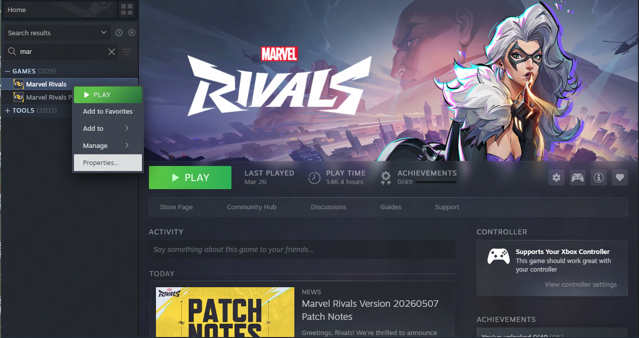 Steam Library Properties option for Marvel Rivals existing installation