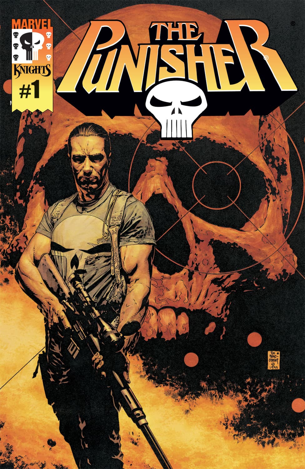 Punisher (2000) #1 cover by Tim Bradstreet, beginning the Garth Ennis and Steve Dillon Welcome Back Frank storyline