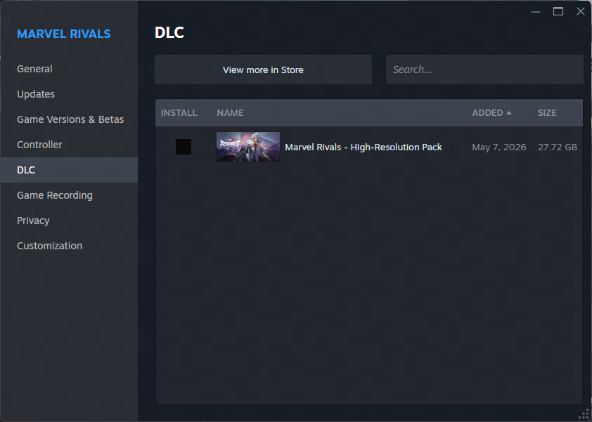 Steam DLC management view confirming Marvel Rivals HD Resource Pack is active