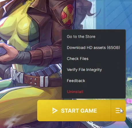 Download HD assets option visible in Loading Bay launcher side menu for Marvel Rivals
