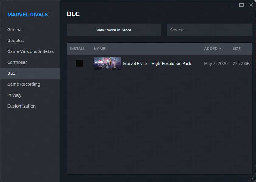 Steam DLC settings panel close-up for Marvel Rivals High-Resolution Resource Pack toggle
