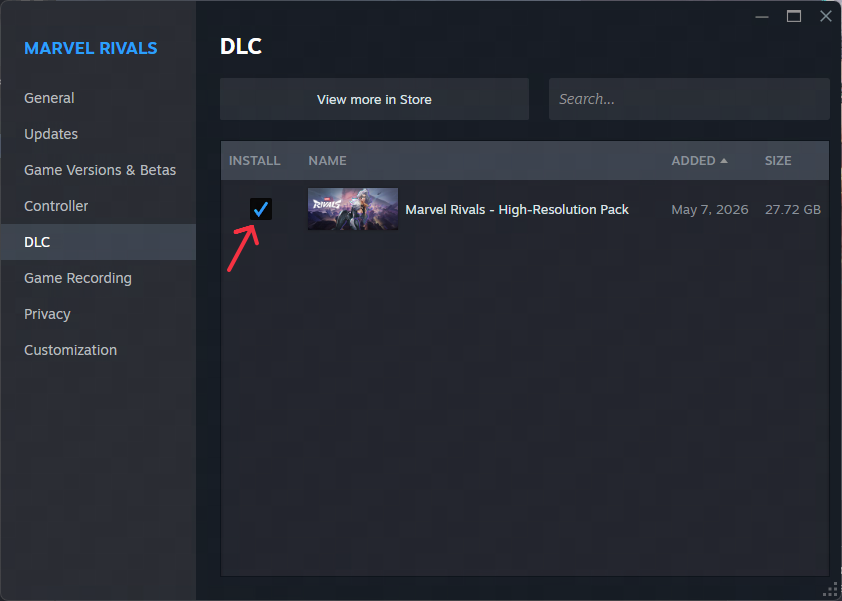 Steam DLC tab for Marvel Rivals showing High-Resolution Resource Pack checkbox unchecked