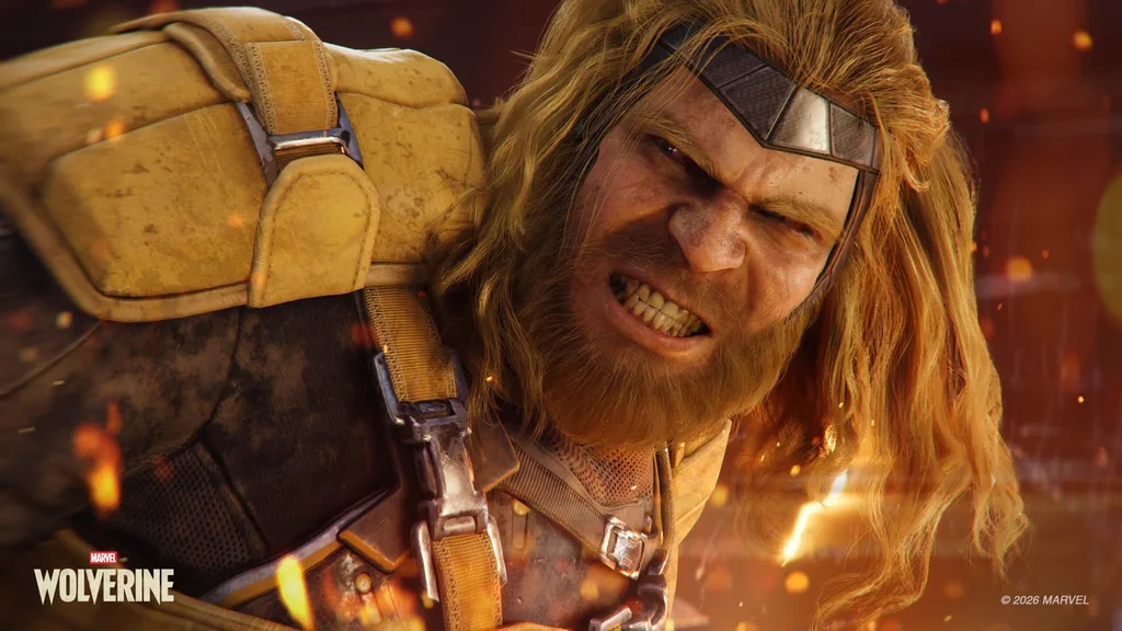 Sabretooth snarls with bared teeth and long blonde hair as fire and embers surround him in Marvel's Wolverine
