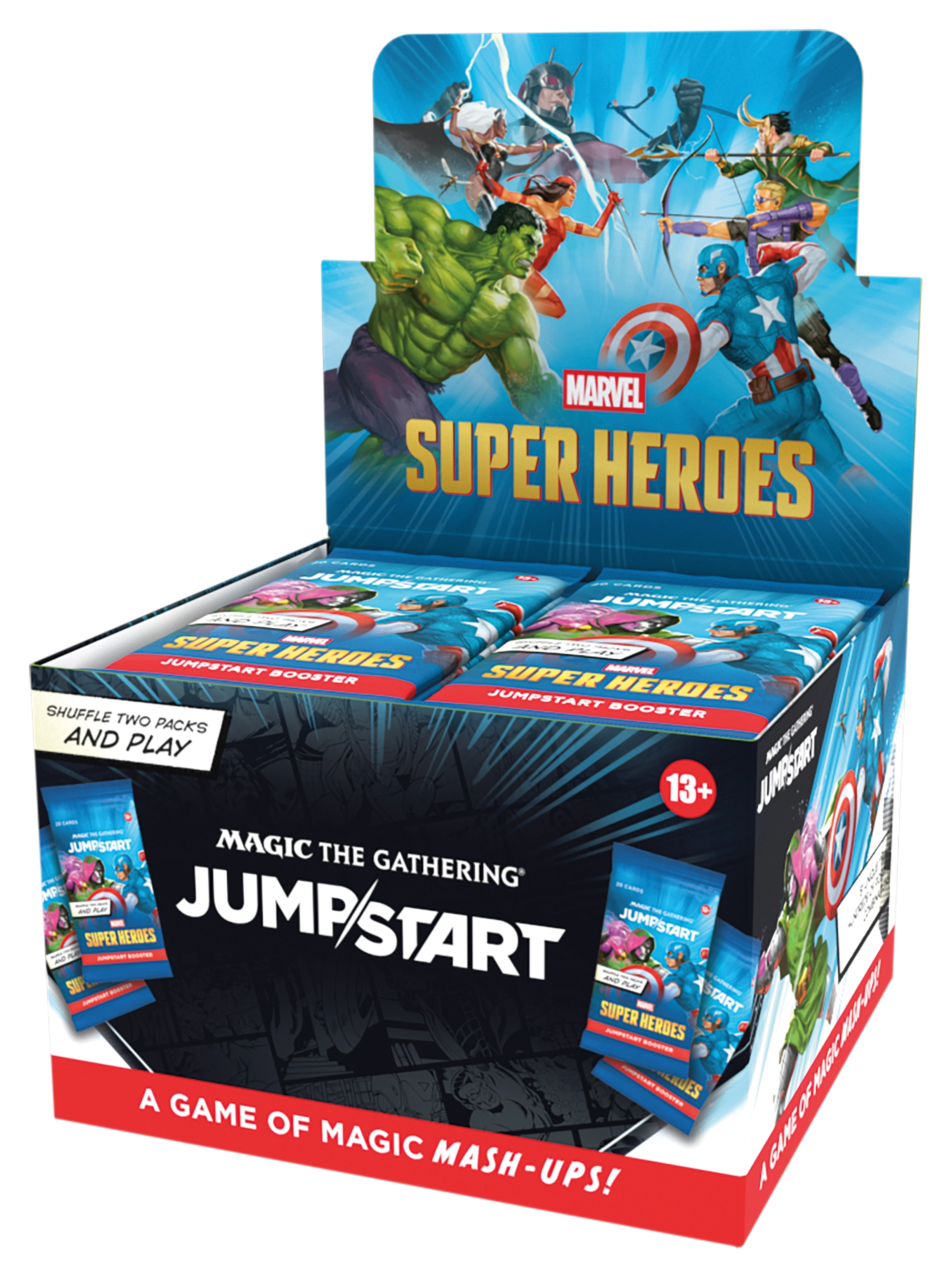 Magic: The Gathering Marvel Super Heroes Jumpstart Boosters with themed 20-card packs of Marvel mutants and heroes